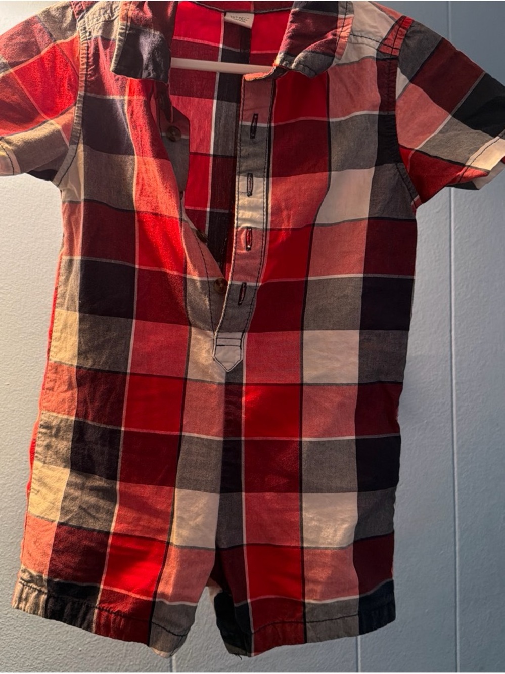Old Navy Red and Black Plaid Short-Sleeve Button-Down Shirt